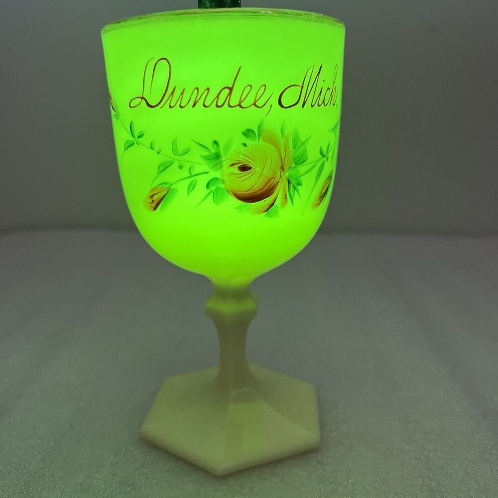 Vtg Uranium Custard Souvenir Vaseline Glass FLORAL GOBLET 6.25” Dundee Minn EAPG